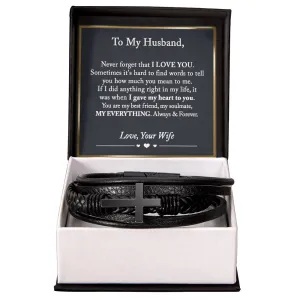 To My Husband Cross Leather Bracelet, Anniversary Gift for Husband, Husband Birthday Gift, Gift for Husband
