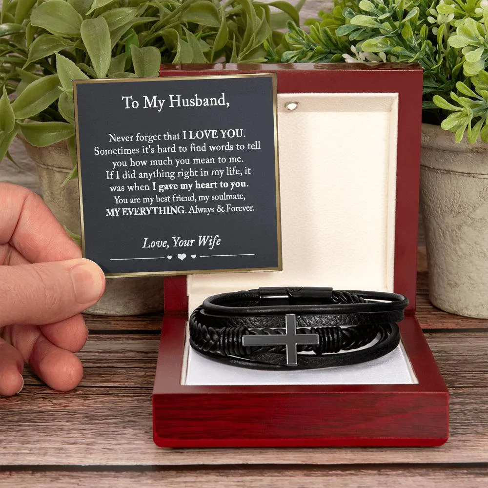 To My Husband Cross Leather Bracelet, Anniversary Gift for Husband, Husband Birthday Gift, Gift for Husband