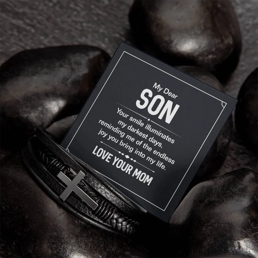 To My Son Endless Joy Love Mom Cross Leather Bracelet, Son gift From Mom