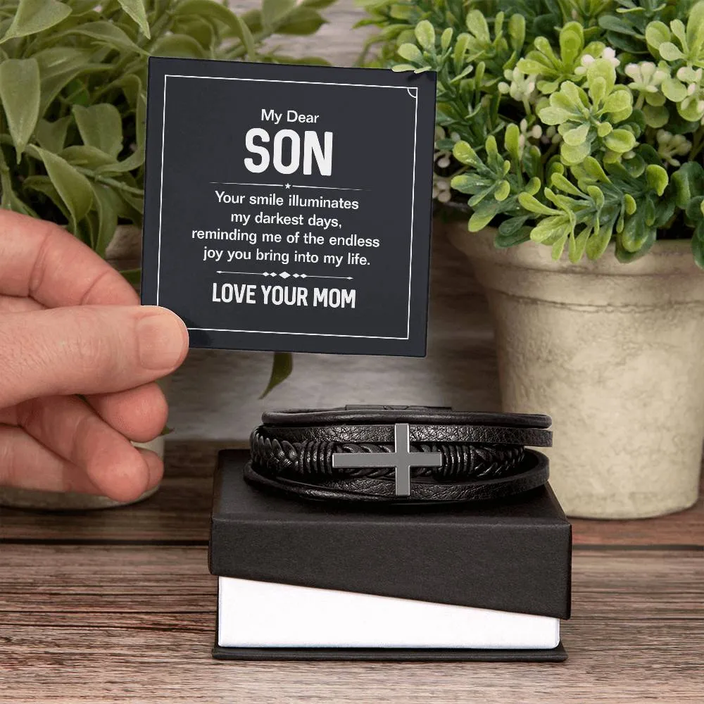 To My Son Endless Joy Love Mom Cross Leather Bracelet, Son gift From Mom
