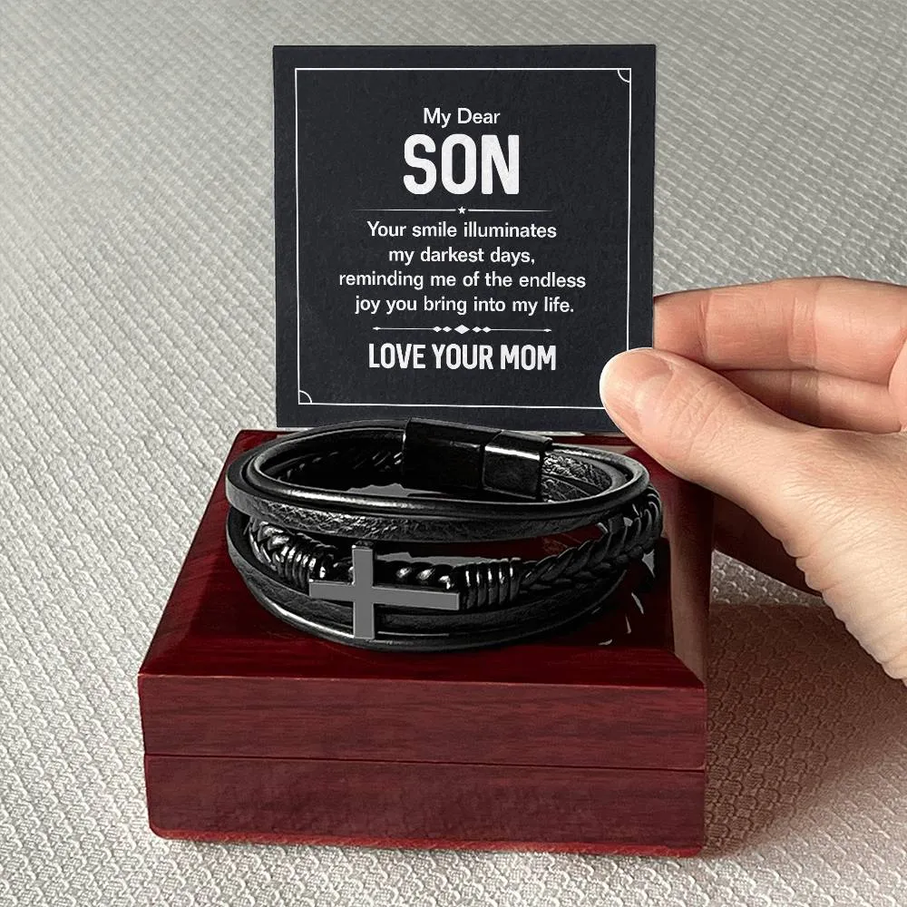 To My Son Endless Joy Love Mom Cross Leather Bracelet, Son gift From Mom
