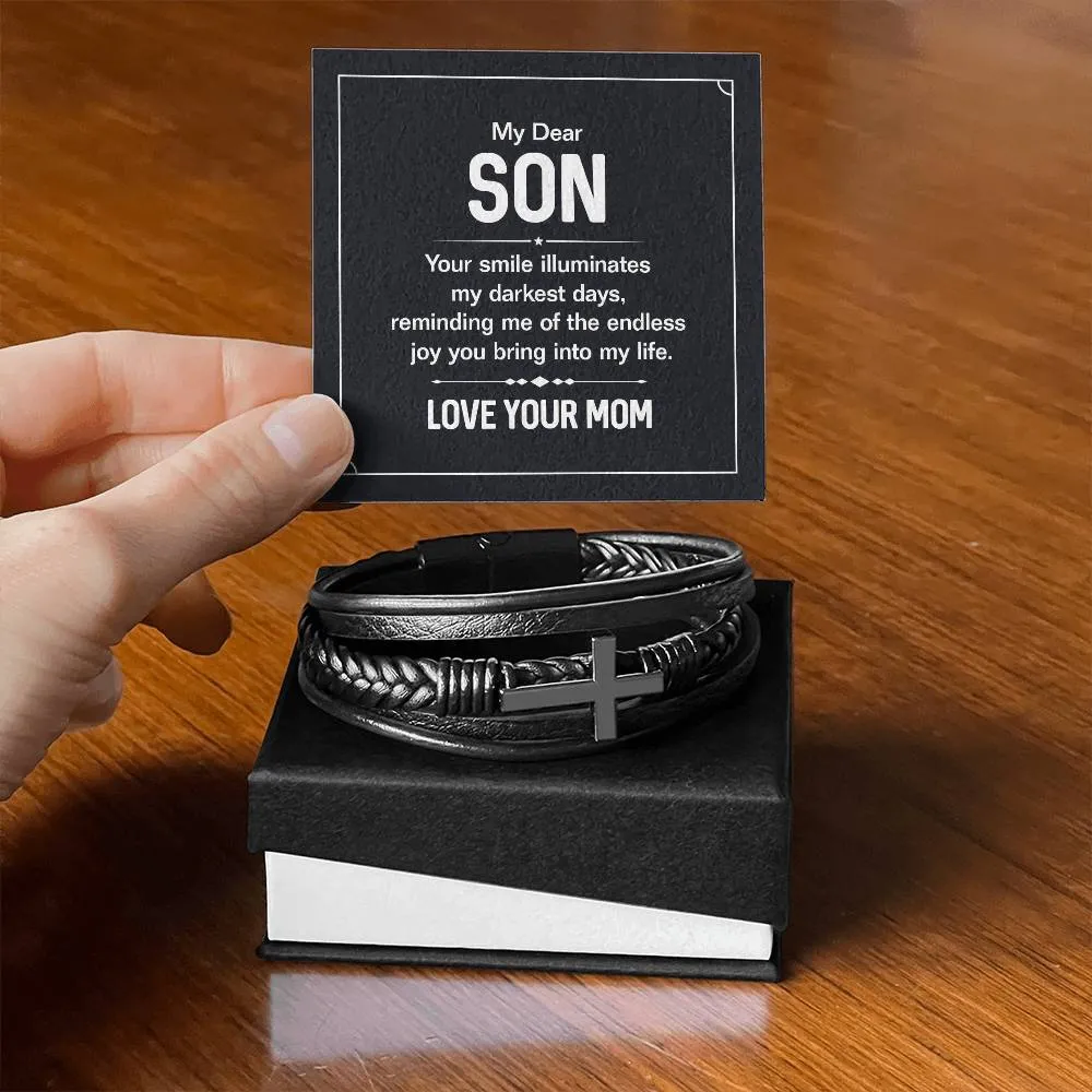 To My Son Endless Joy Love Mom Cross Leather Bracelet, Son gift From Mom