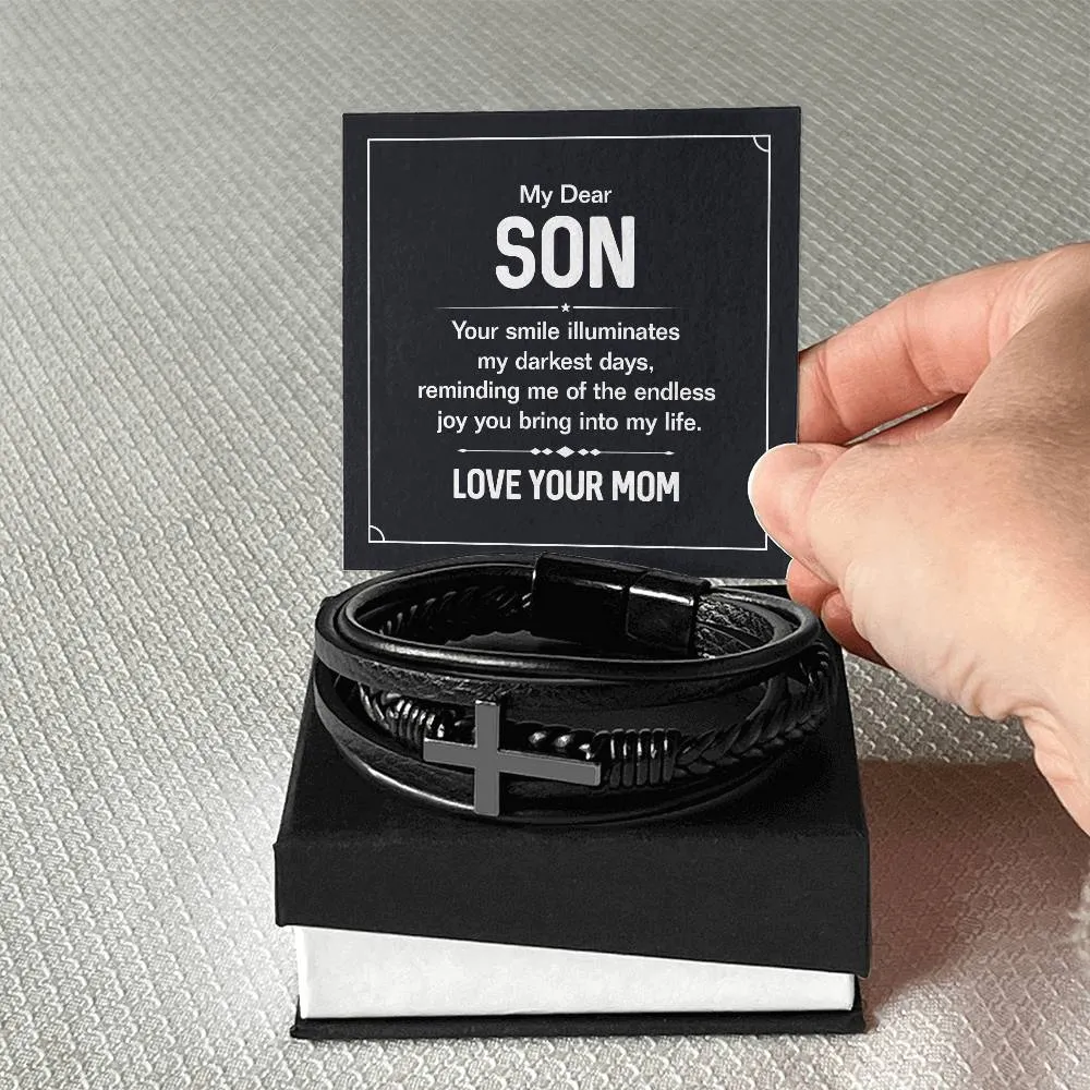 To My Son Endless Joy Love Mom Cross Leather Bracelet, Son gift From Mom
