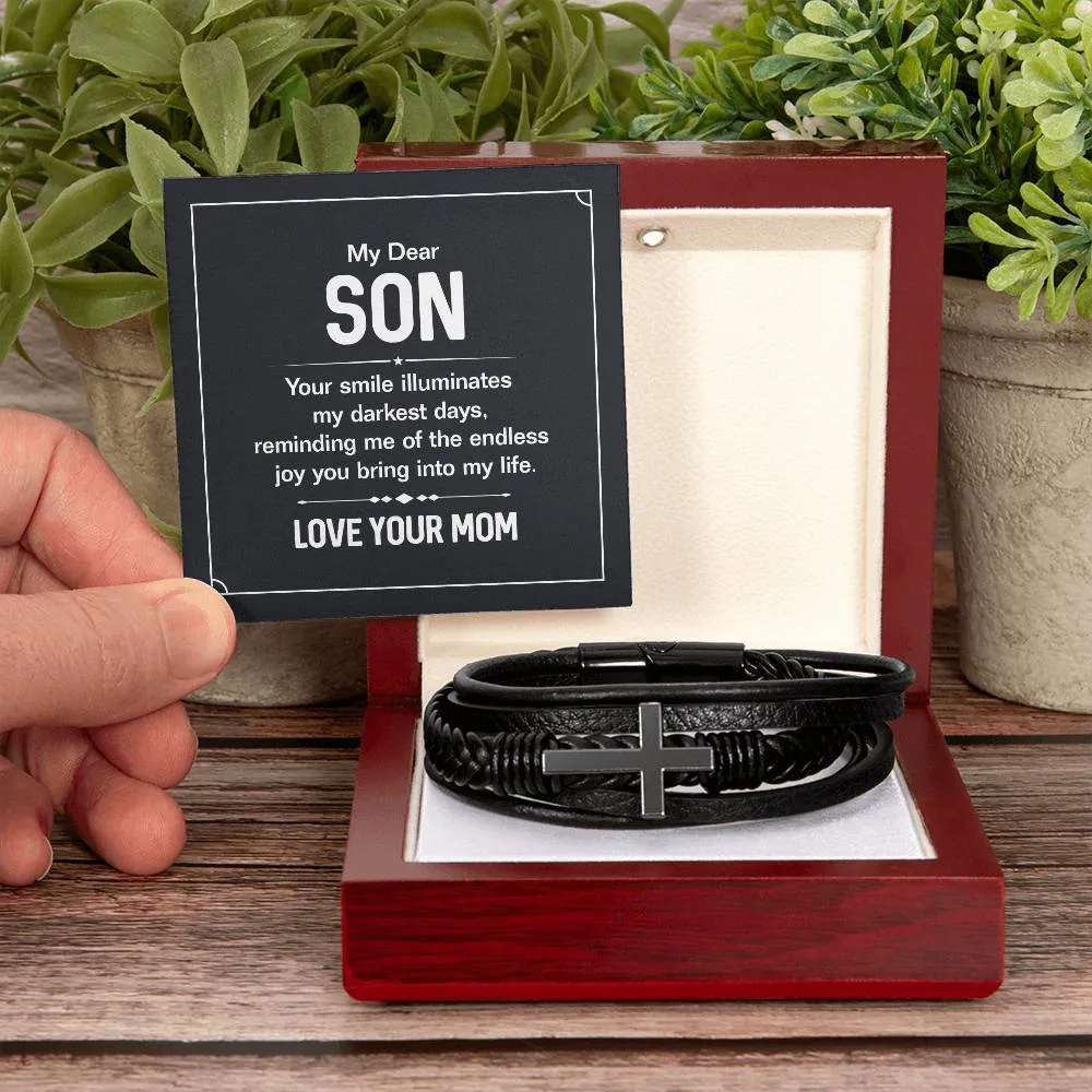 To My Son Endless Joy Love Mom Cross Leather Bracelet, Son gift From Mom