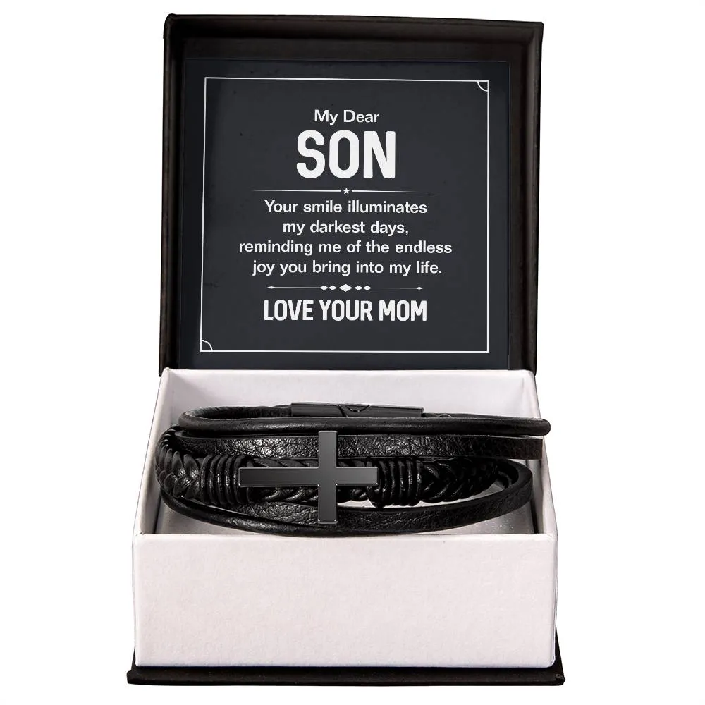 To My Son Endless Joy Love Mom Cross Leather Bracelet, Son gift From Mom