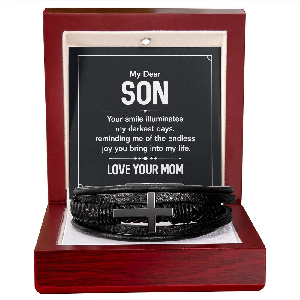 To My Son Endless Joy Love Mom Cross Leather Bracelet, Son gift From Mom