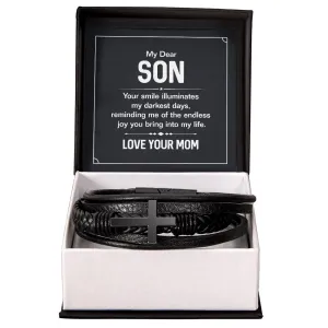 To My Son Endless Joy Love Mom Cross Leather Bracelet, Son gift From Mom