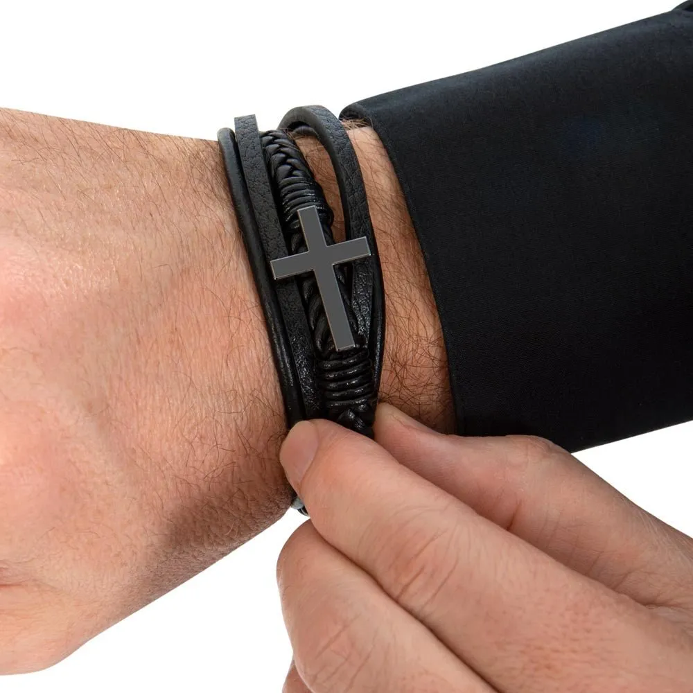 To My Son Endless Joy Love Mom Cross Leather Bracelet, Son gift From Mom