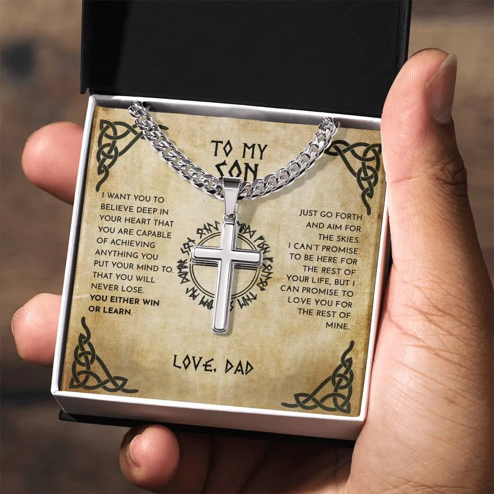 To My Son From Dad Viking Cross Necklace On Cuban Chain, Viking Son, Viking Dad Son Cross, To My Son Love Dad With Engraving On Back