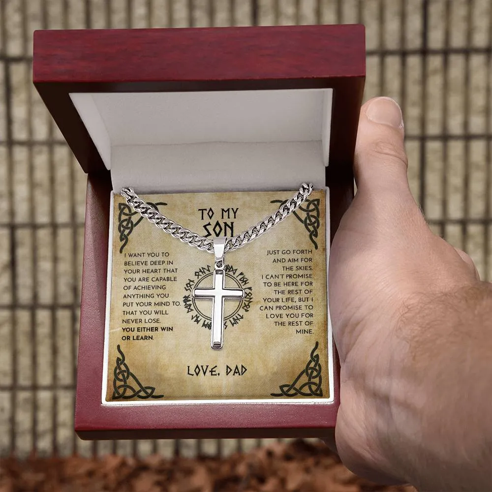 To My Son From Dad Viking Cross Necklace On Cuban Chain, Viking Son, Viking Dad Son Cross, To My Son Love Dad With Engraving On Back
