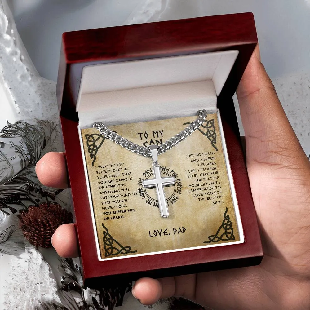 To My Son From Dad Viking Cross Necklace On Cuban Chain, Viking Son, Viking Dad Son Cross, To My Son Love Dad With Engraving On Back