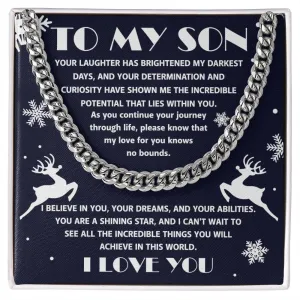 To My Son I Believe In You Cuban Link Chain Necklace, Christmas Themed Gift For Son