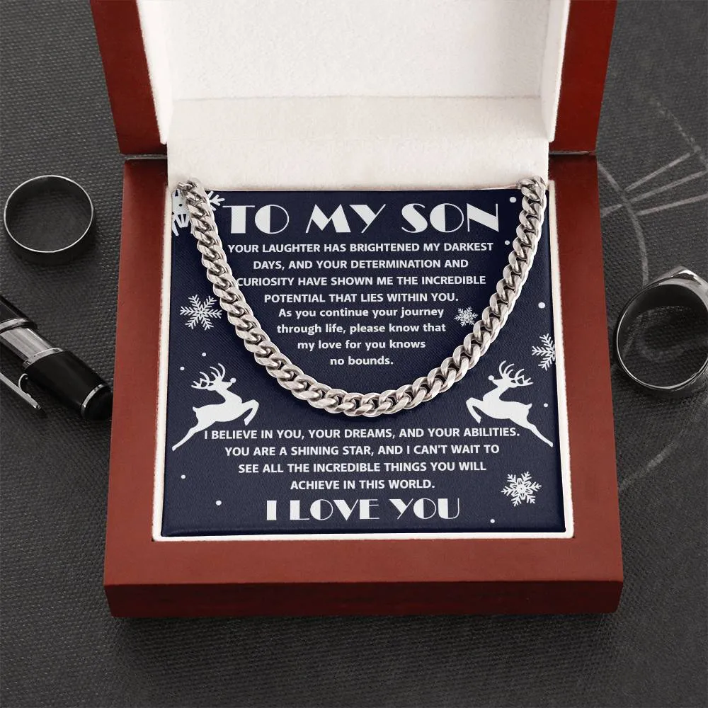 To My Son I Believe In You Cuban Link Chain Necklace, Christmas Themed Gift For Son
