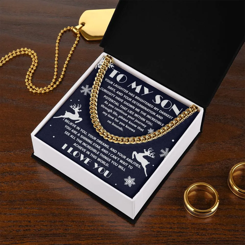 To My Son I Believe In You Cuban Link Chain Necklace, Christmas Themed Gift For Son