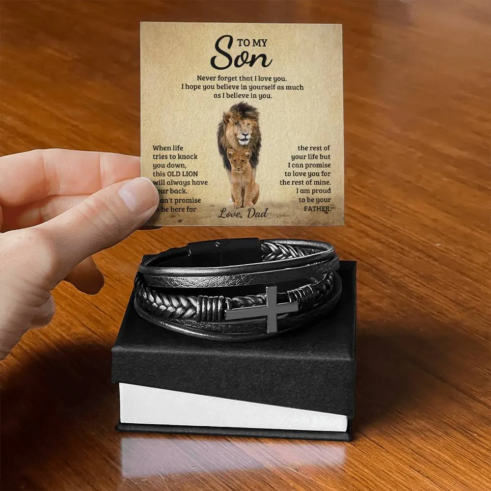 To My Son l Men's Cross Leather Bracelet