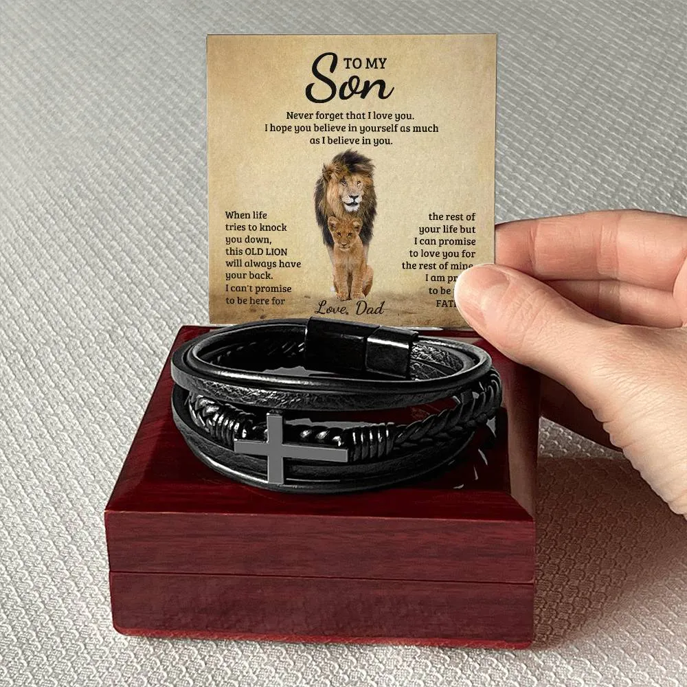 To My Son l Men's Cross Leather Bracelet