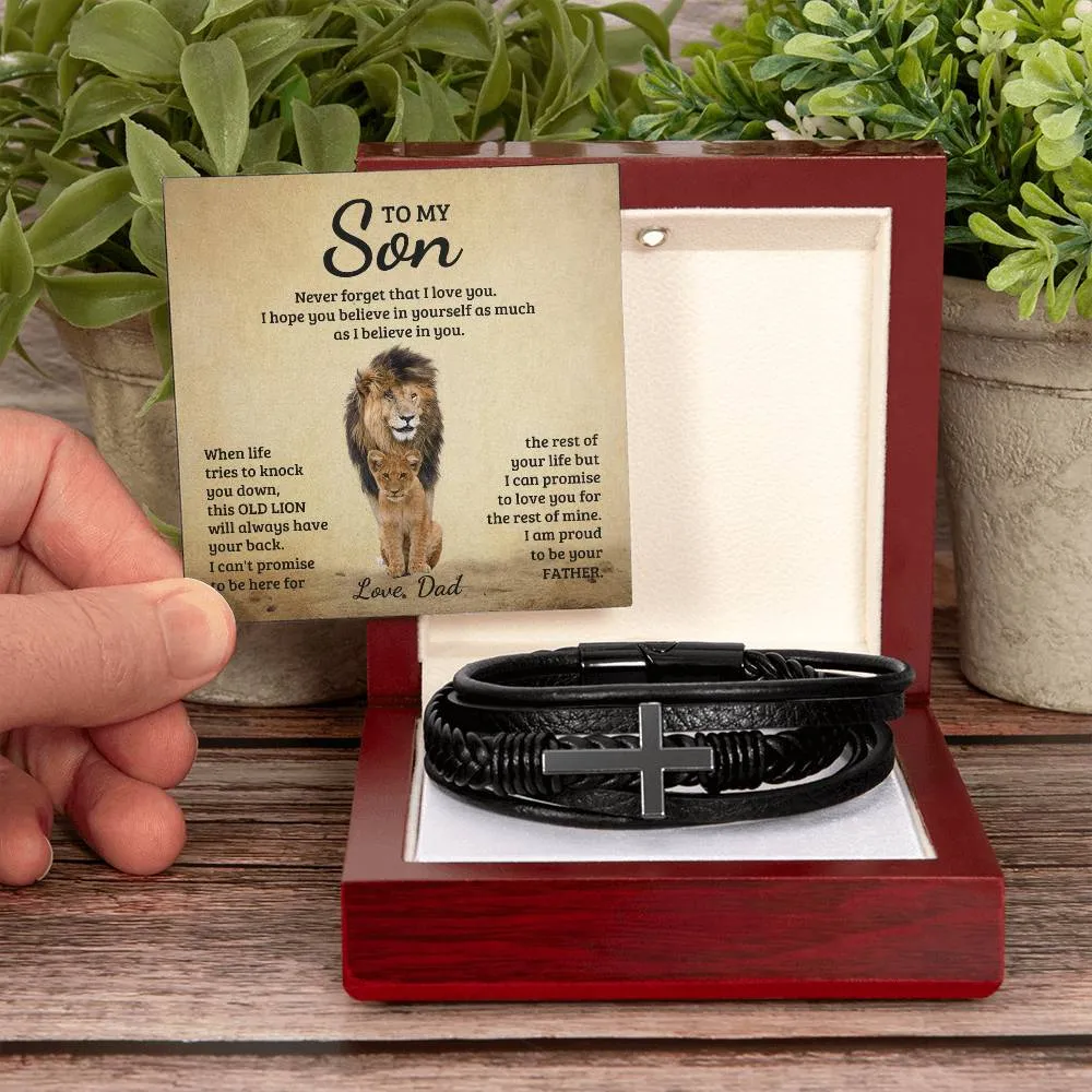 To My Son l Men's Cross Leather Bracelet