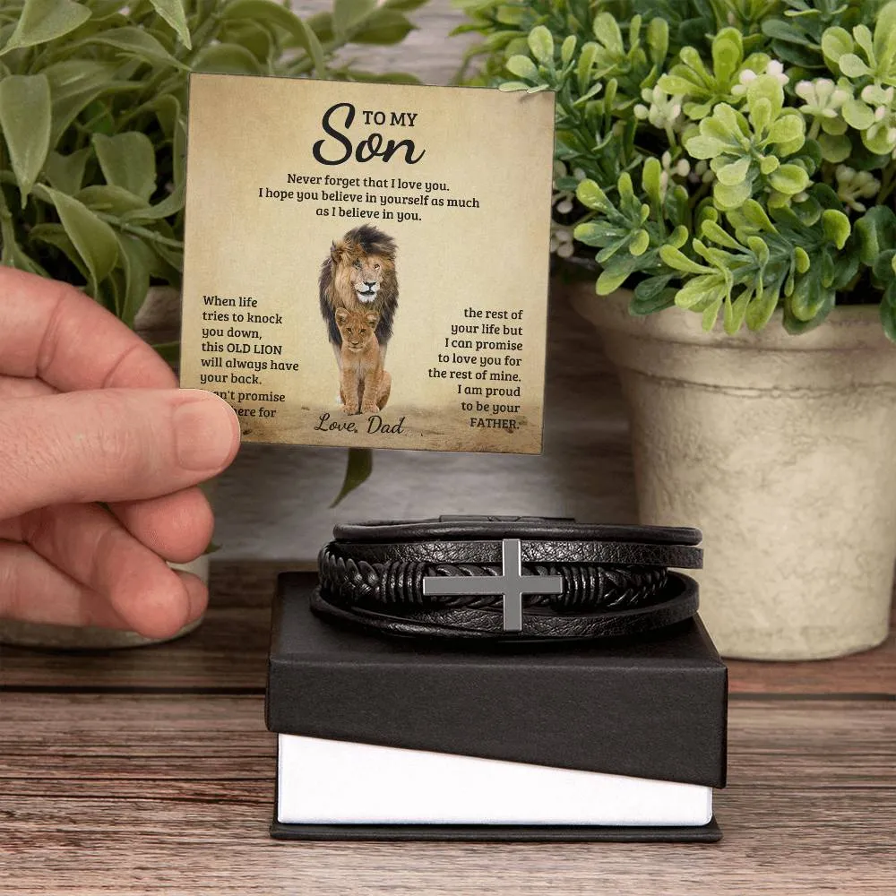 To My Son l Men's Cross Leather Bracelet
