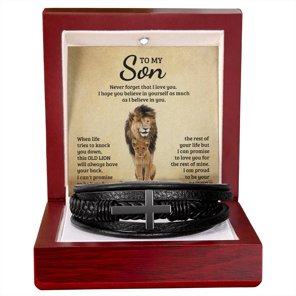To My Son l Men's Cross Leather Bracelet