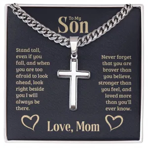 To My Son Love Mom Cuban Chain with Artisan Cross Necklace With Custom Engraving On Back