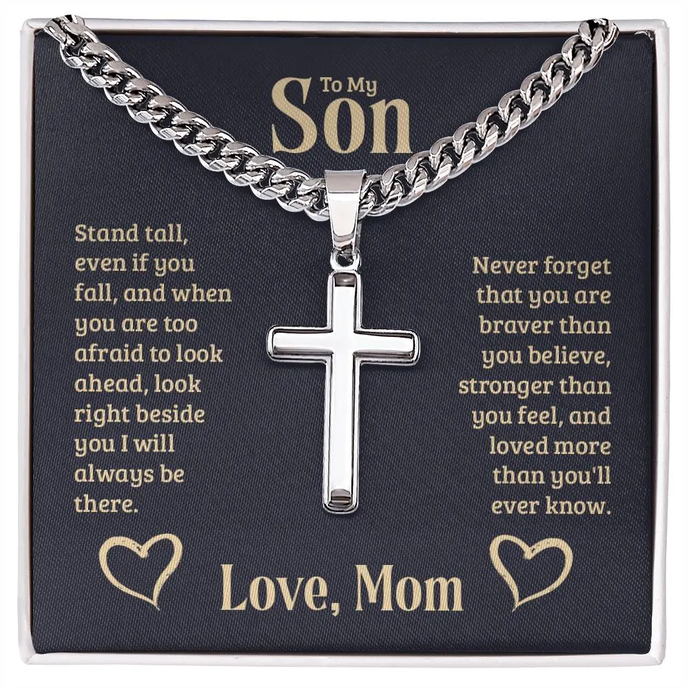 To My Son Love Mom Cuban Chain with Artisan Cross Necklace With Custom Engraving On Back