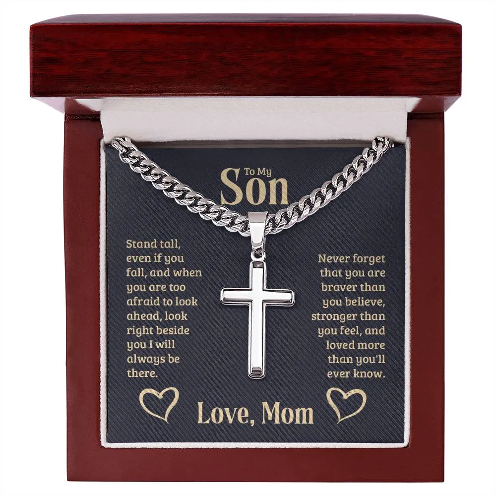 To My Son Love Mom Cuban Chain with Artisan Cross Necklace With Custom Engraving On Back