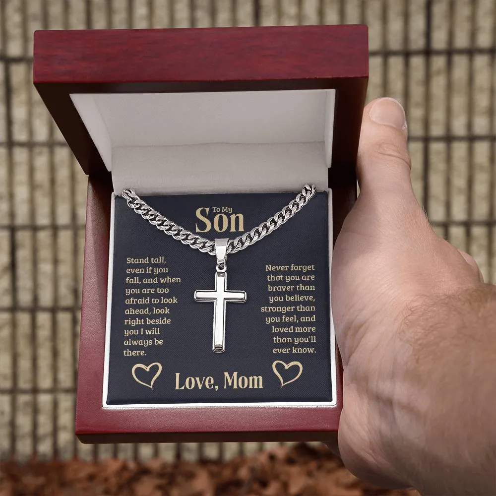 To My Son Love Mom Cuban Chain with Artisan Cross Necklace With Custom Engraving On Back