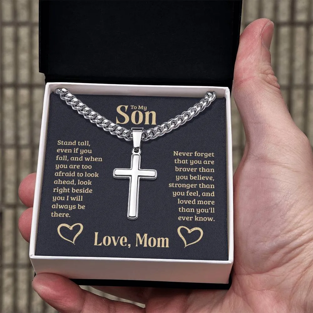 To My Son Love Mom Cuban Chain with Artisan Cross Necklace With Custom Engraving On Back