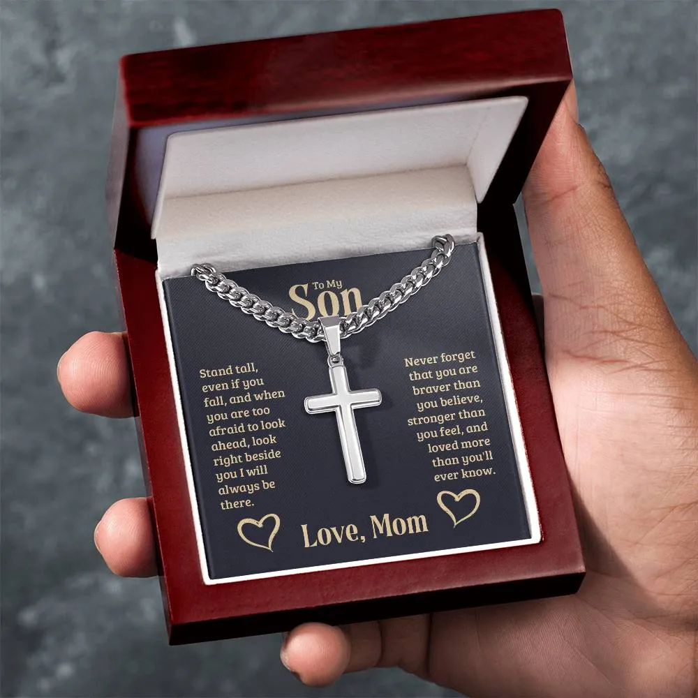 To My Son Love Mom Cuban Chain with Artisan Cross Necklace With Custom Engraving On Back