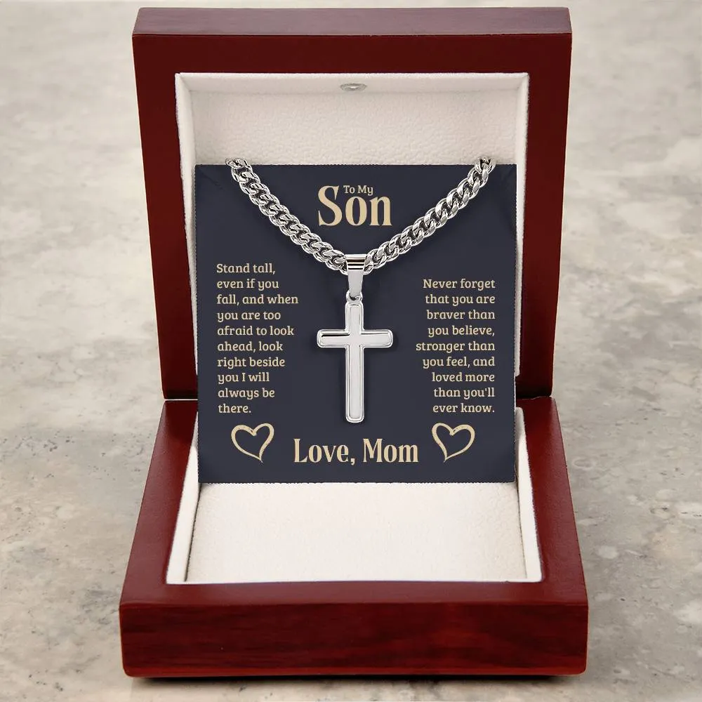To My Son Love Mom Cuban Chain with Artisan Cross Necklace With Custom Engraving On Back