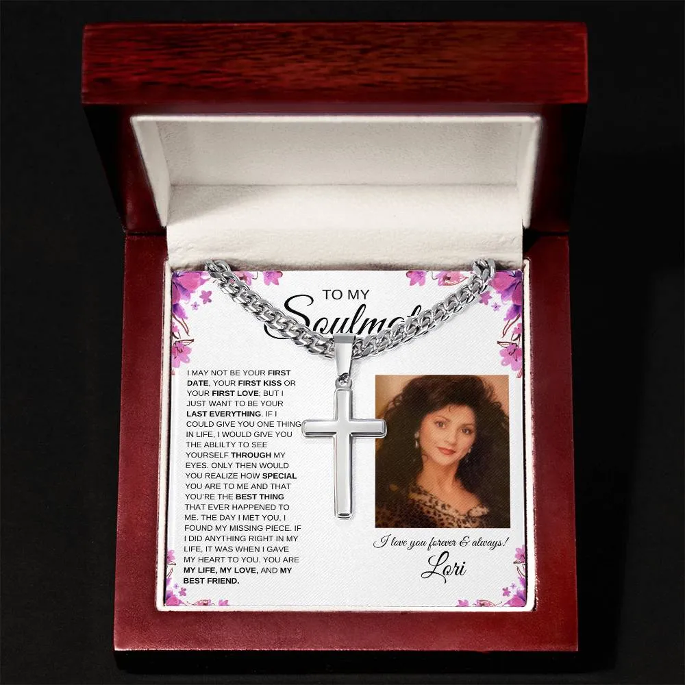 To My Soulmate | Cuban Chain with Artisan Cross Necklace | Personalized | Purple Flower