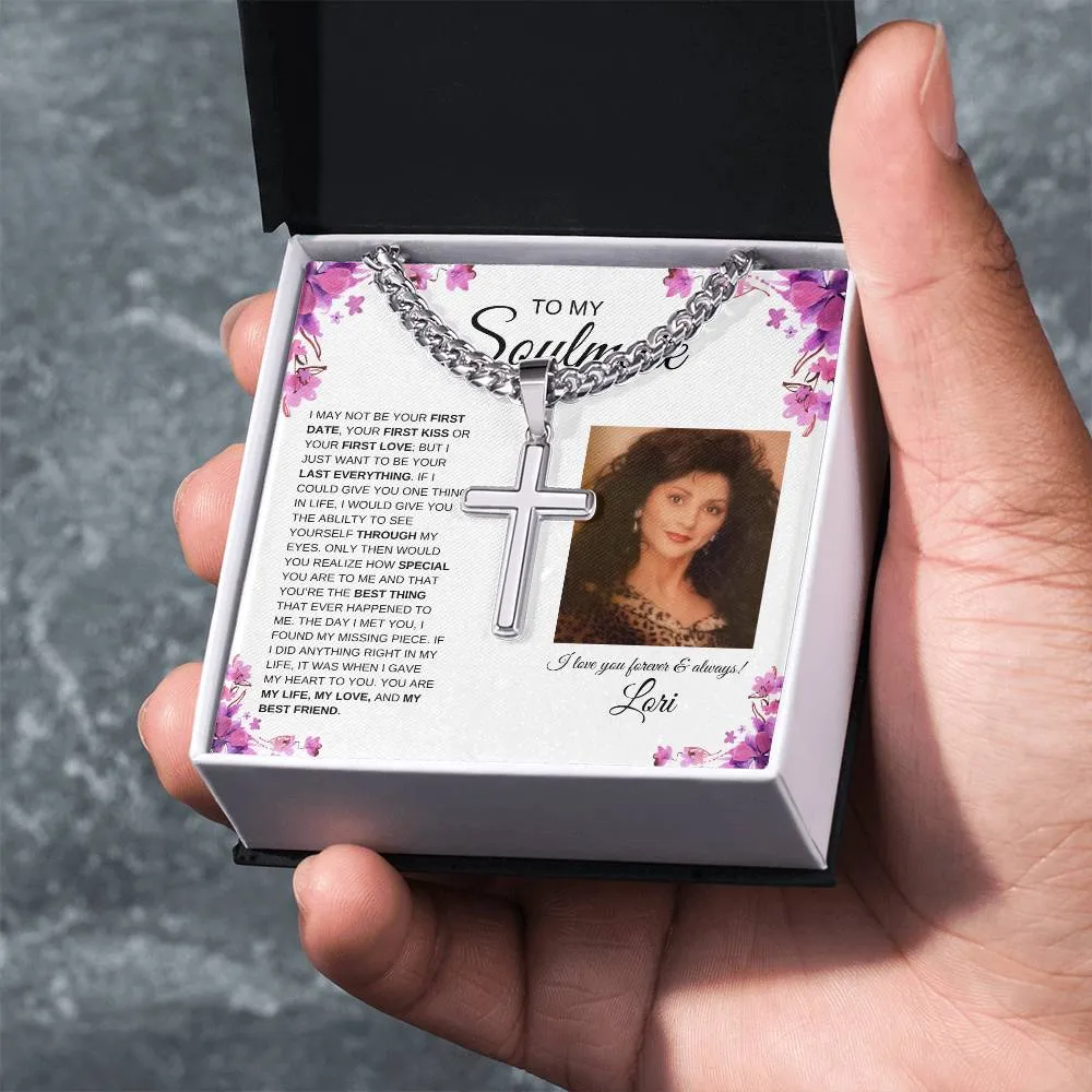 To My Soulmate | Cuban Chain with Artisan Cross Necklace | Personalized | Purple Flower