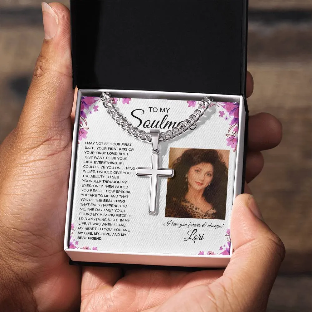 To My Soulmate | Cuban Chain with Artisan Cross Necklace | Personalized | Purple Flower