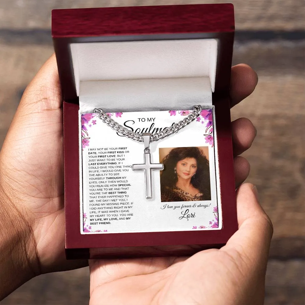 To My Soulmate | Cuban Chain with Artisan Cross Necklace | Personalized | Purple Flower