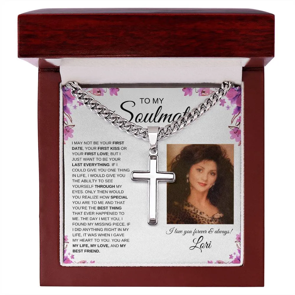 To My Soulmate | Cuban Chain with Artisan Cross Necklace | Personalized | Purple Flower