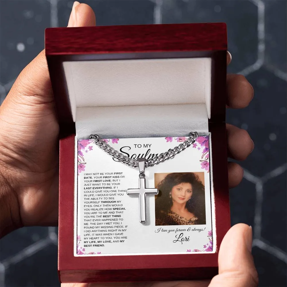 To My Soulmate | Cuban Chain with Artisan Cross Necklace | Personalized | Purple Flower