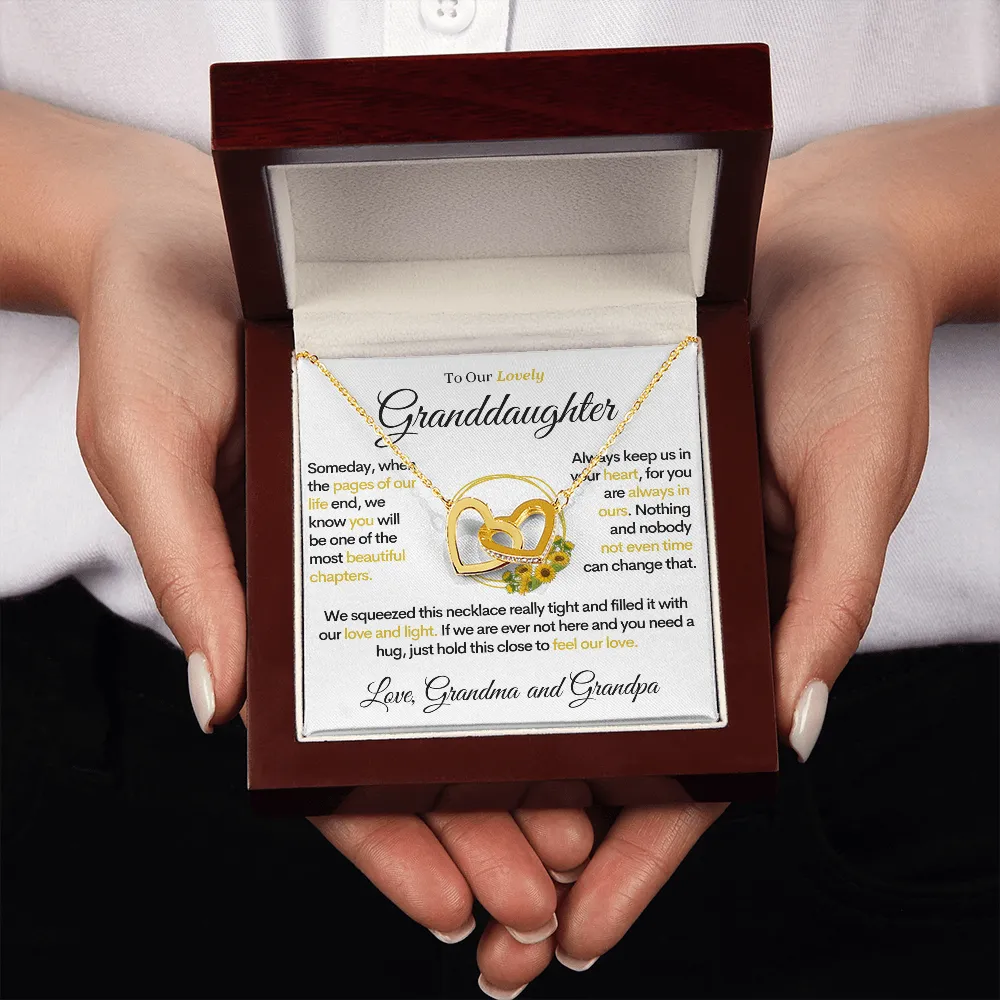 To Our Lovely Granddaughter - Sunflower Pages of Life, Two Hearts Necklace (From Grandma and Grandpa)