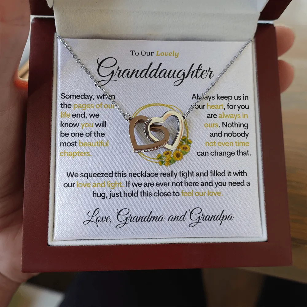 To Our Lovely Granddaughter - Sunflower Pages of Life, Two Hearts Necklace (From Grandma and Grandpa)