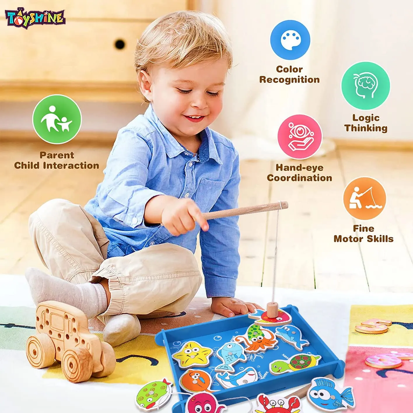 Toyshine Wooden Magnetic Fishing Game Toy with 12 Pcs-Multicolour