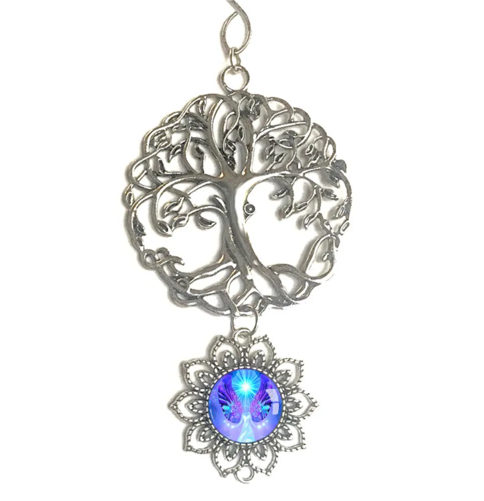 Tree of Life Pewter Hanging Ornament with Violet Angel Art Pendant - "Hope"