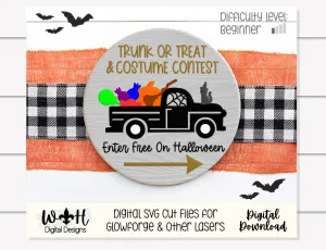 Trunk or Treat and Costume Contest Halloween Round - Seasonal Sign Making and DIY Kits - Cut File For Glowforge Lasers - Digital SVG File