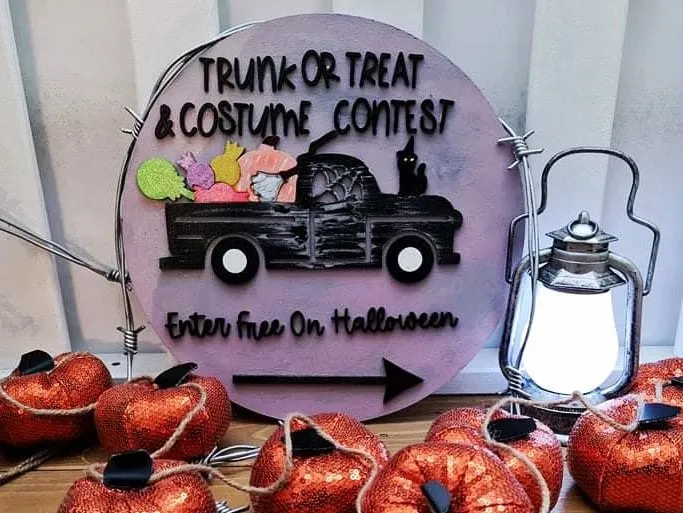 Trunk or Treat and Costume Contest Halloween Round - Seasonal Sign Making and DIY Kits - Cut File For Glowforge Lasers - Digital SVG File