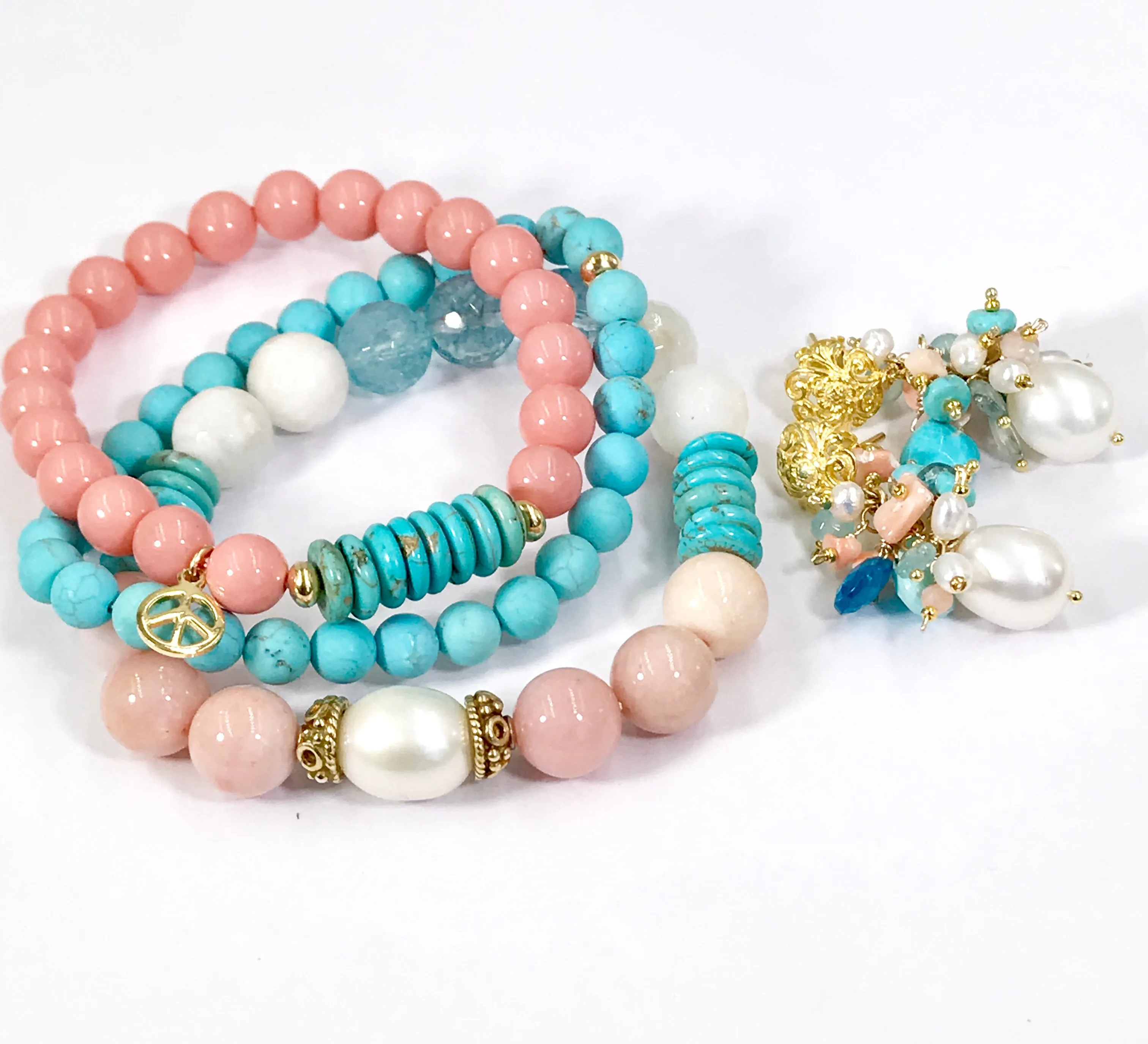 Turquoise Coral Stack Bracelet Set of 3 Boho Style
