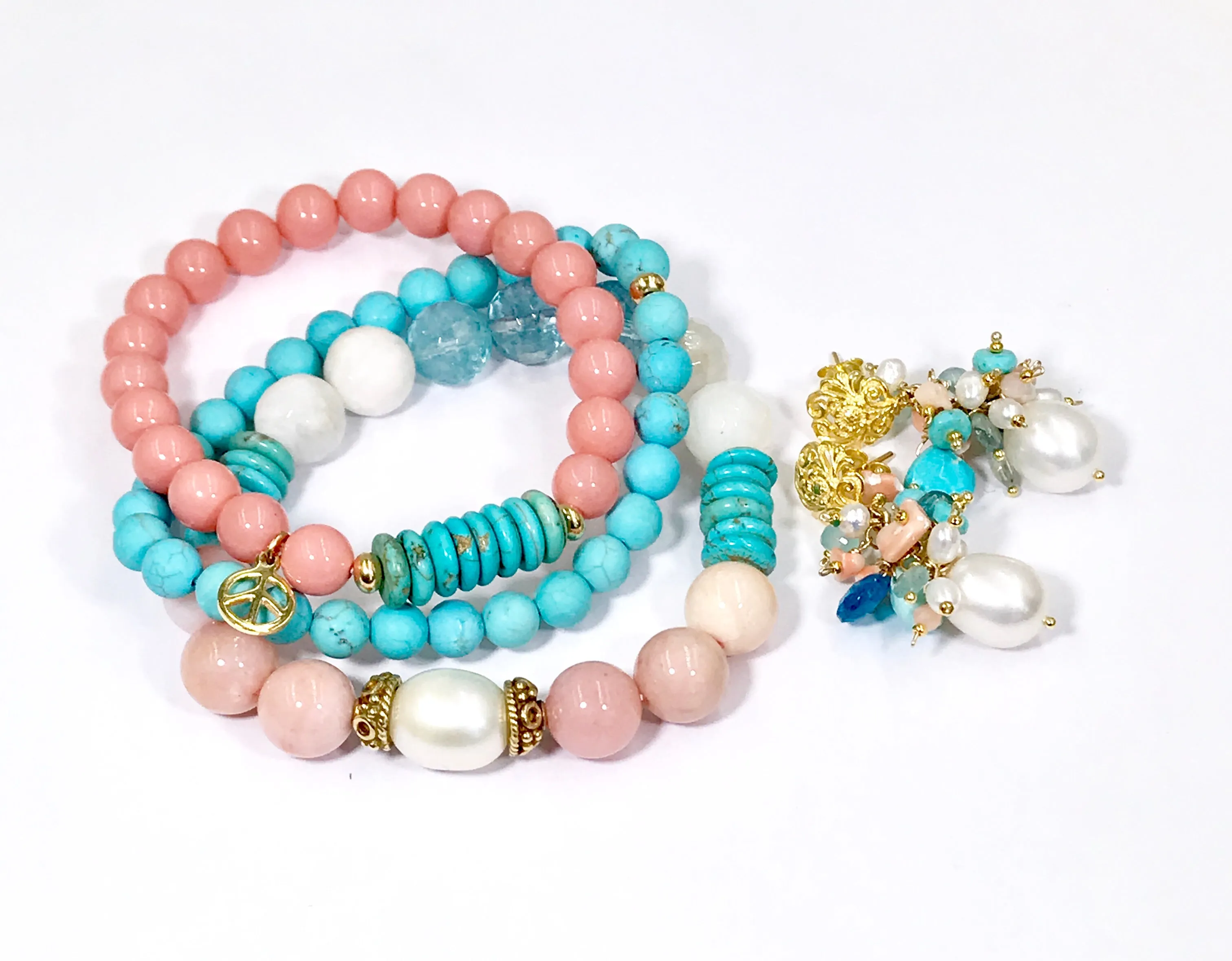 Turquoise Coral Stack Bracelet Set of 3 Boho Style