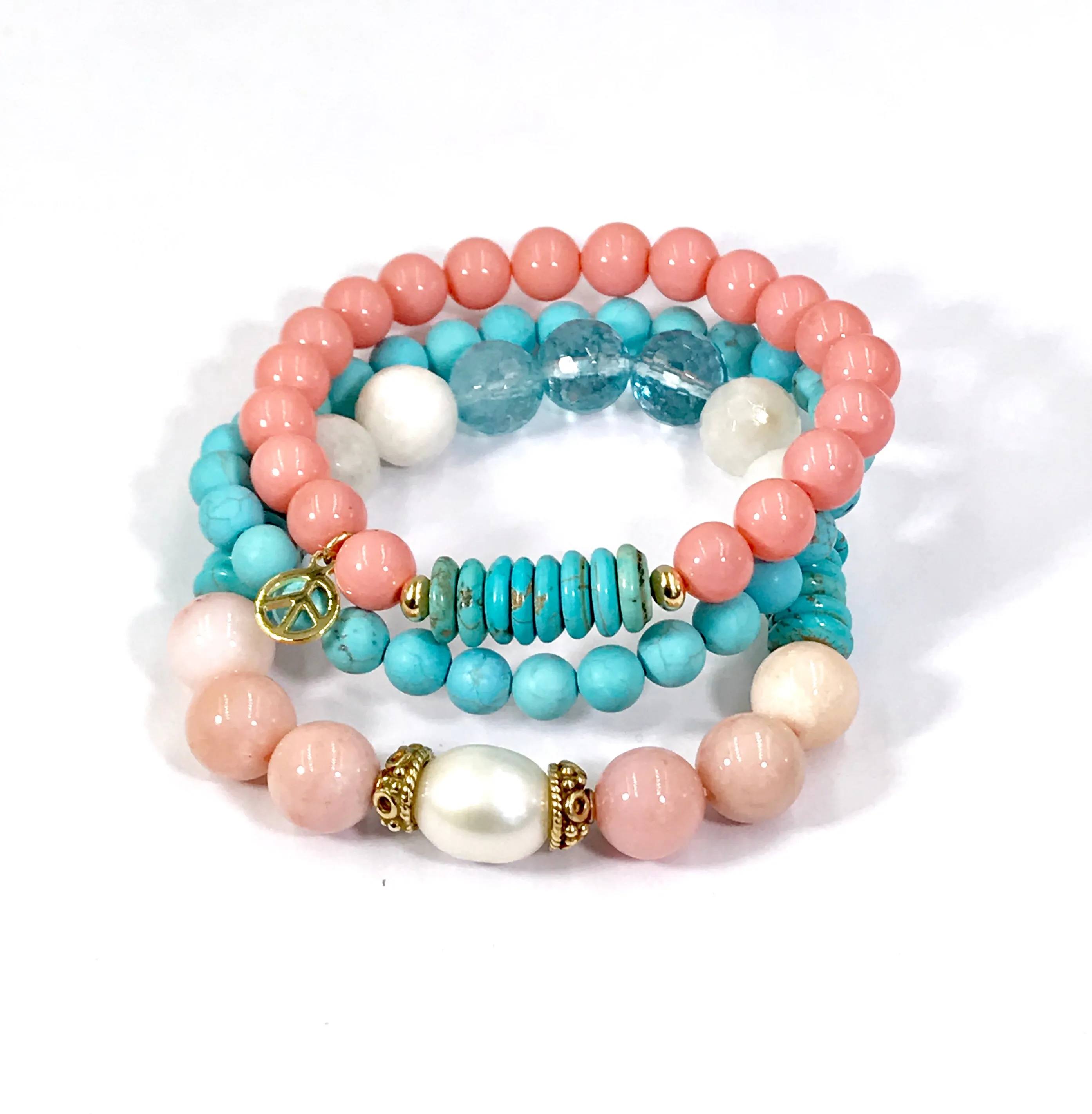 Turquoise Coral Stack Bracelet Set of 3 Boho Style