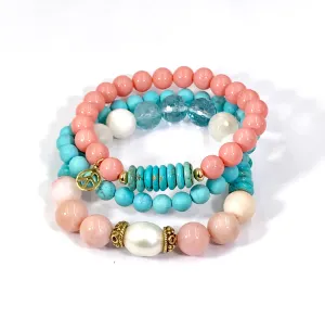 Turquoise Coral Stack Bracelet Set of 3 Boho Style