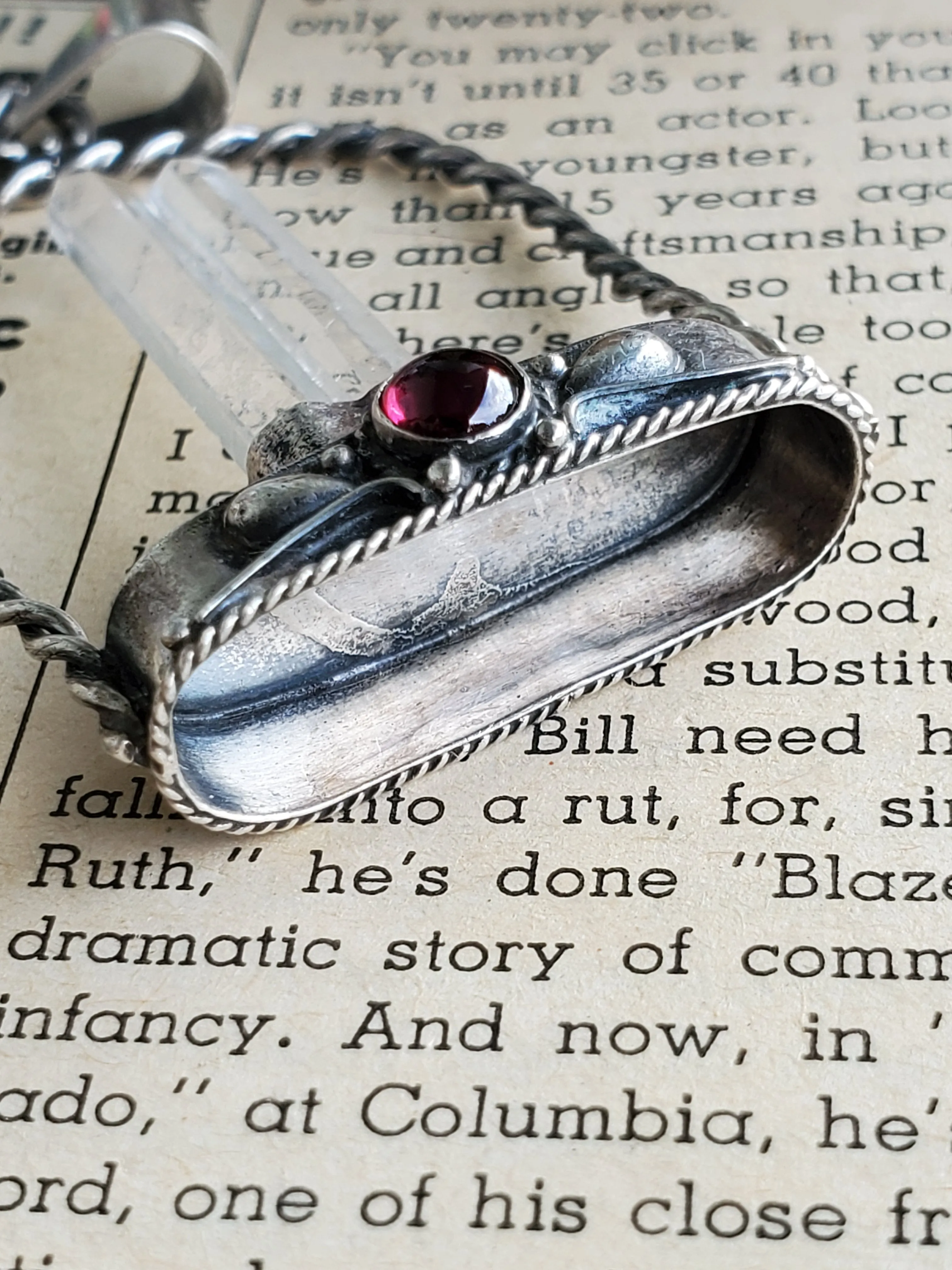 Twin terminated quartz point arch pendant sterling silver with pink tourmaline cab