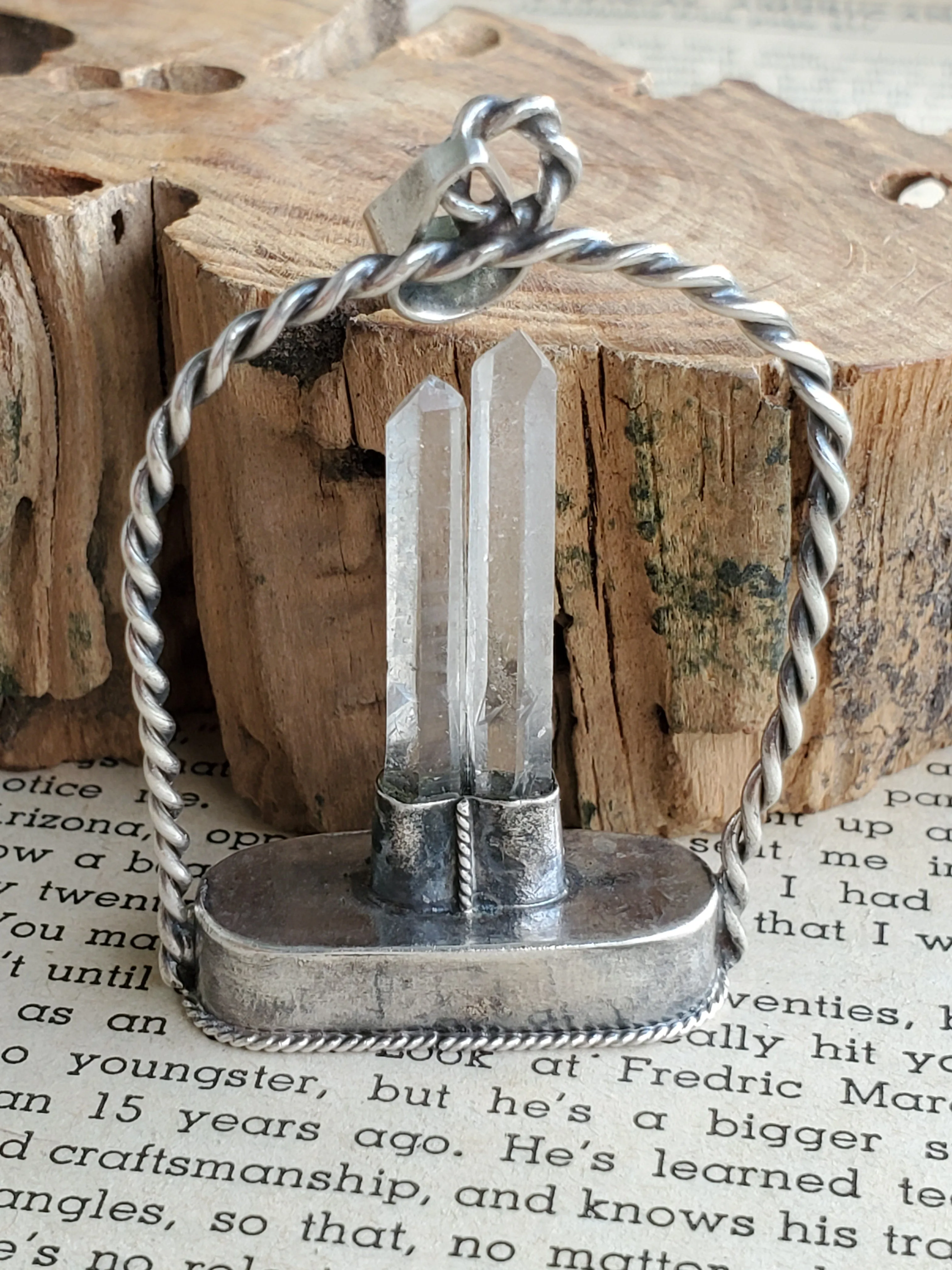 Twin terminated quartz point arch pendant sterling silver with pink tourmaline cab