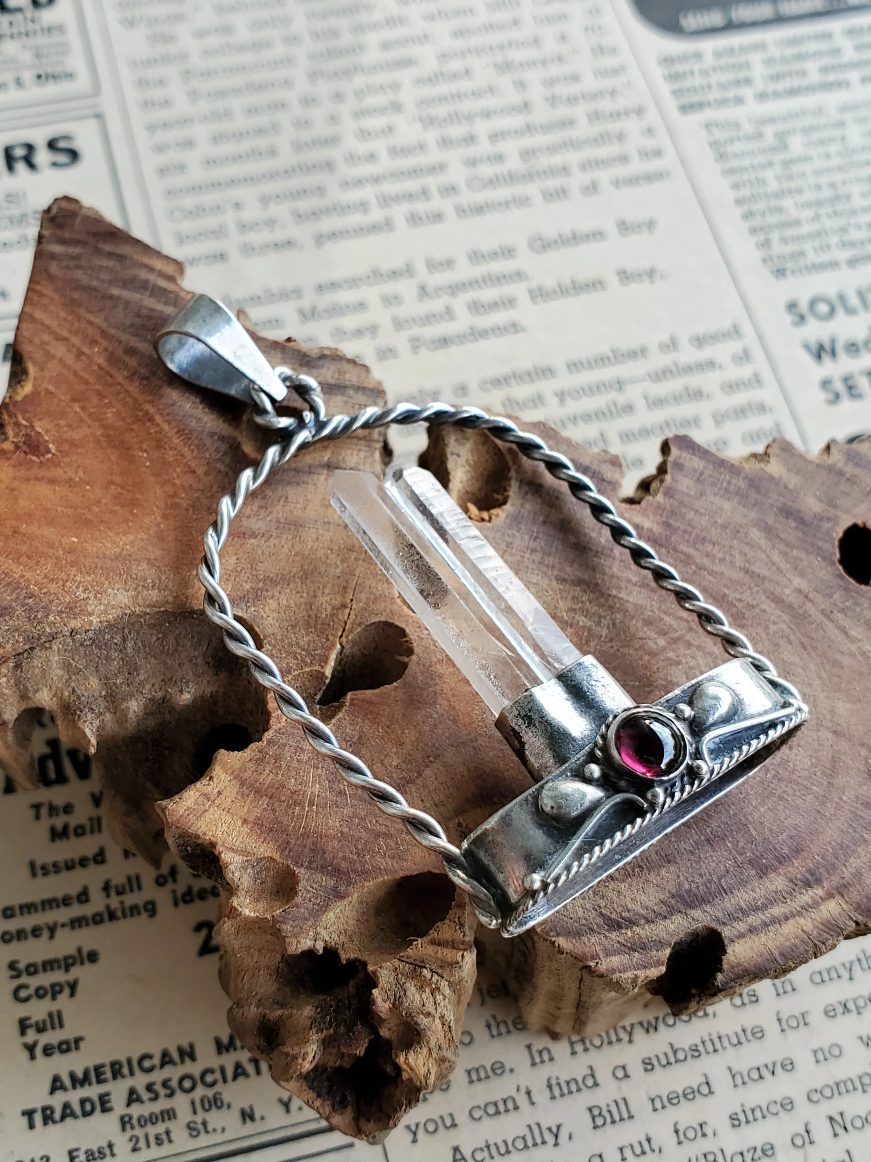 Twin terminated quartz point arch pendant sterling silver with pink tourmaline cab