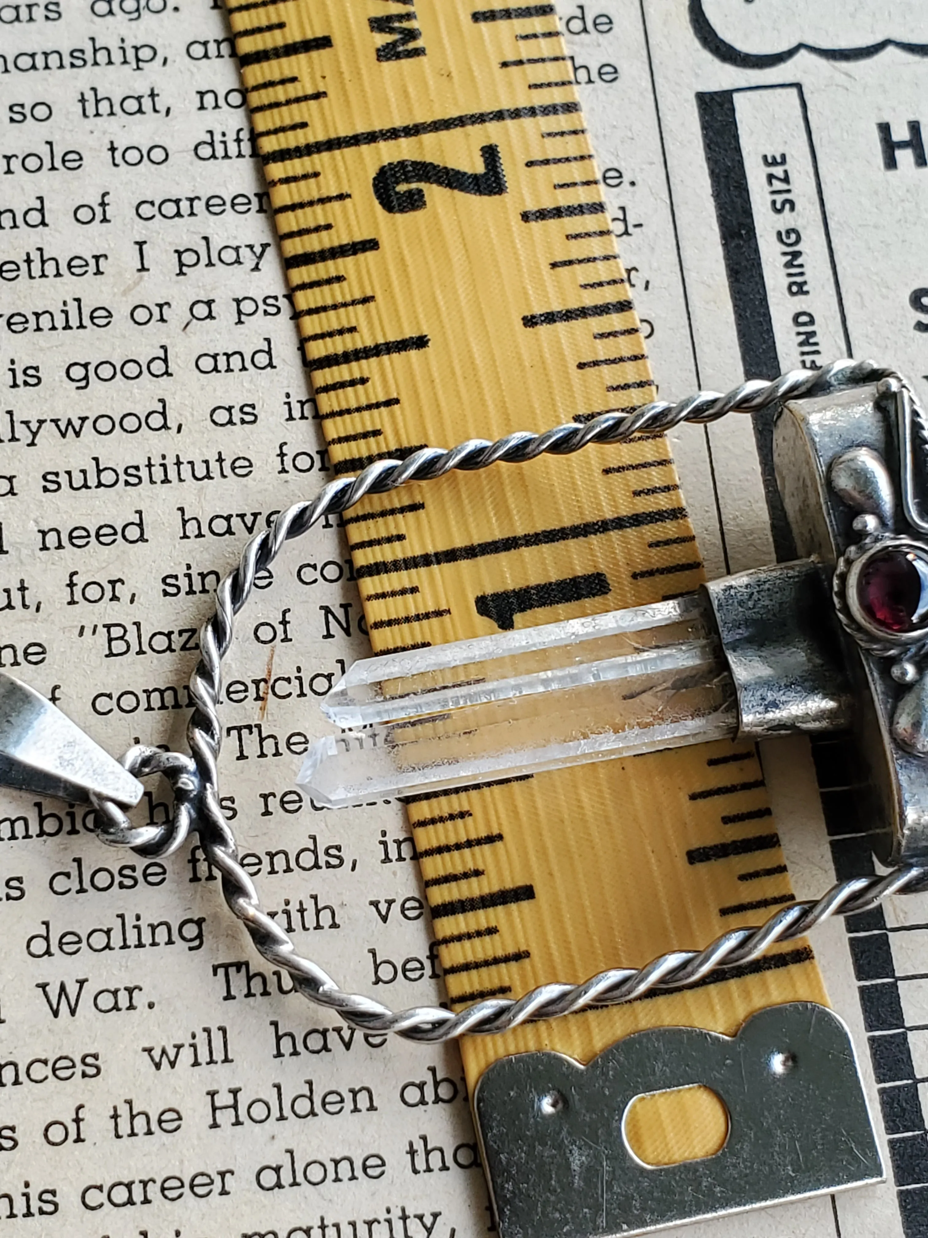 Twin terminated quartz point arch pendant sterling silver with pink tourmaline cab
